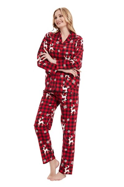 Global Set Pijama Dama Finet , Model Rosu Craciun, Marimea S INTL ,42EU