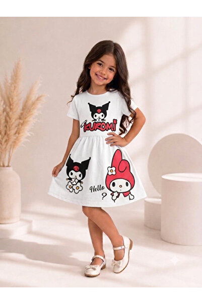 KİDSPİTİRCİK KIZ ÇOCUKBEYAZ KUROMİ BASKILI %100 PAMUK PENYE ELBİSE