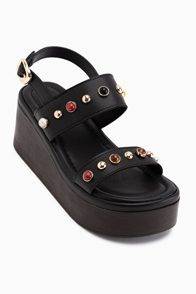 Limoya Mariah Black Beaded Detailed Wedge Heeled Women's Sandals
