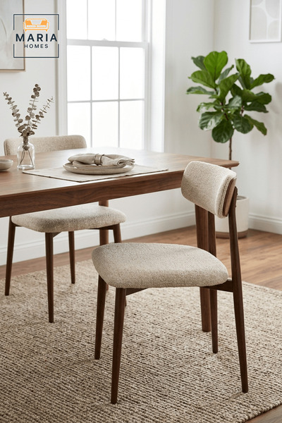 MARIA HOMES Beige Upholstered Dining Chair with Wooden Legs and Curved Backrest