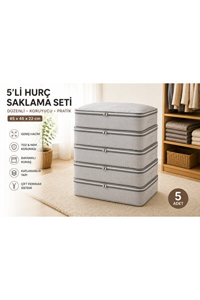 kutucum 5'li Set Hurç Saklama Kutusu 65x45x22 cm Fermuarlı Yorgan Battaniye G...