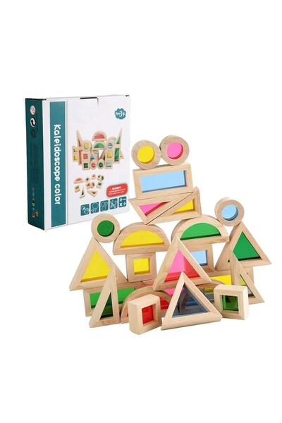 ETOY Set educativ de cuburi de constructie din lemn cu insertii colorate, sti...