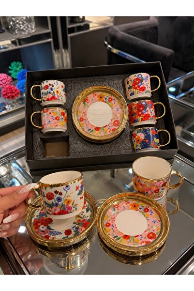 KARCILAR HOME STORE 6’lı çiçekli desen kahve fincanı