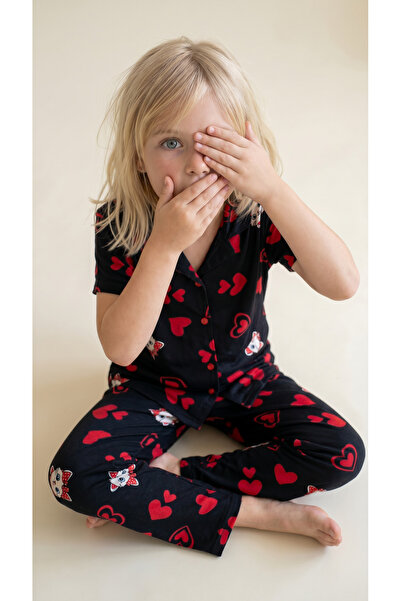 Arzey Siyah Kalp Desenli Bamboo Kız Çocuk Önden Düğmeli Pijama Takımı