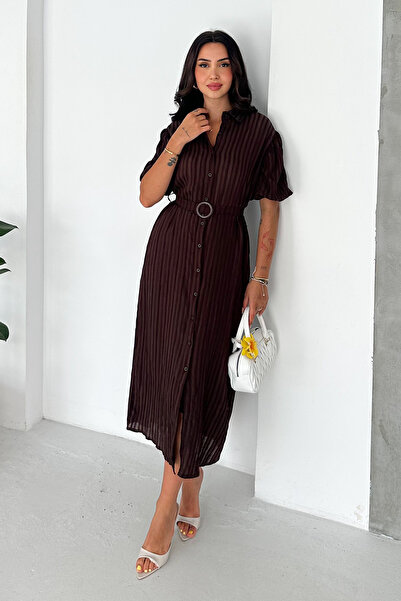 Noa&Noa Women's Belt Detailed Striped Shirt Dress Midi Length Buttoned Dress