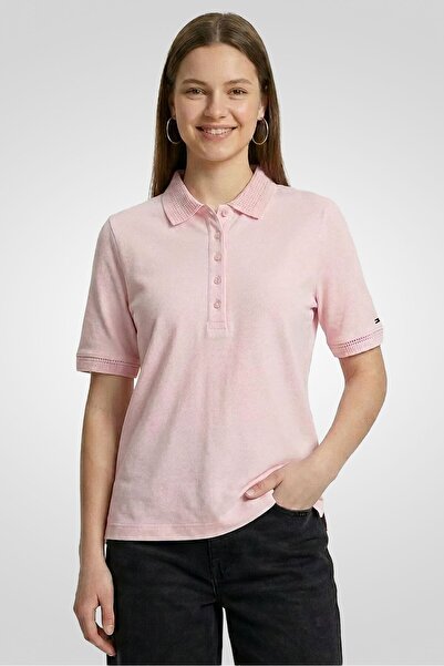 Tommy Hilfiger Women Spread Collar Short Sleeve Solid Polo Shirt, Pink