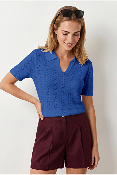 Olalook Women's Saks Blue Viscose Polo Collar Openwork Draped Knitwear Blouse...