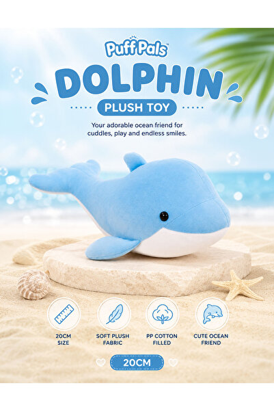 Puff pals Dolphin Plush Toy 20CM Soft Stuffed Animal for Kids Cute Ocean Dolp...