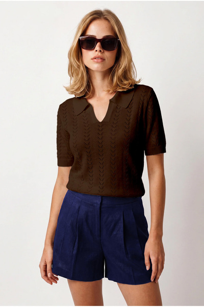 Olalook Women's Bitter Brown Viscose Polo Collar Openwork Draped Knitwear Blo...