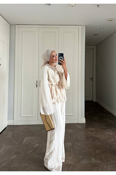 MODA S&S BZLİNE بدلة كاجوال بتفاصيل ربط مزخرفة على الطراز البوهيمي، لون إكرو