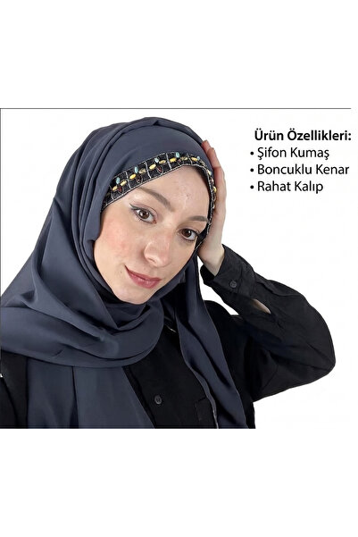 AUXIN Taşlı Şeritli Multi Şifon Şal – Füme Antrasit 70x200 cm Günlük & Abiye Şal