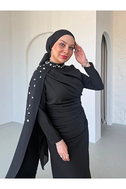 THEK BUTİK Stone Embellished Dress with Cape Detail and Draped Design