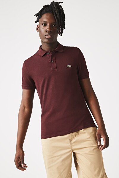Lacoste تي شيرت بولو رجالي خفيف الوزن بقصة ضيقة، قميص بولو للرجال باللون الأح...