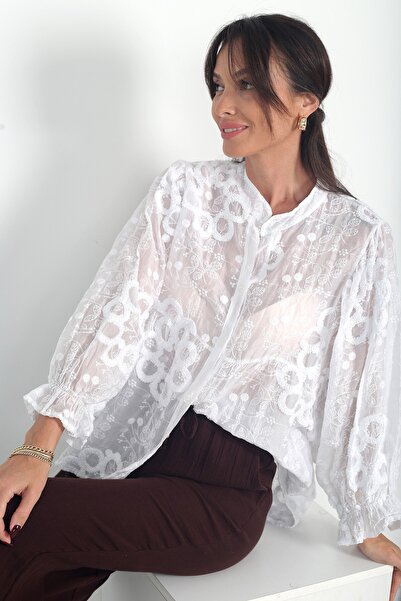 By Saygı Women's Italian Brode Oversize Silk Shirt with Elasticated Sleeves