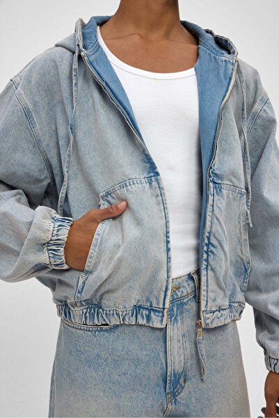 Denim Date Kapüşonlu Erkek Denim Ceket Açık Mavi Fermuarlı Rahat Kalıp