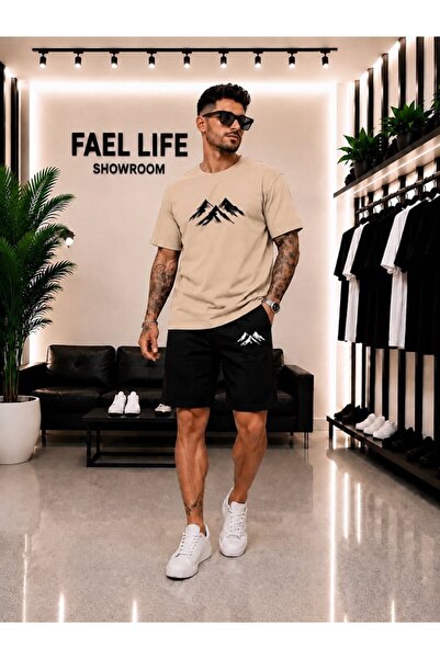 FAEL LİFE Unisex Wide Cut T-Shirt and Shorts Set with Mountain View Print