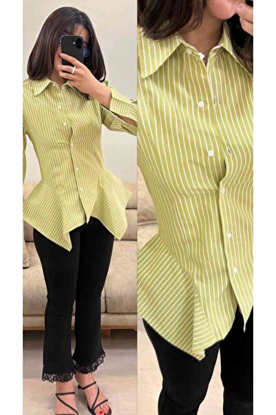 Marka Kadın Peplum Detay Çizgili Pamuklu Poplin Tasarım Gömlek