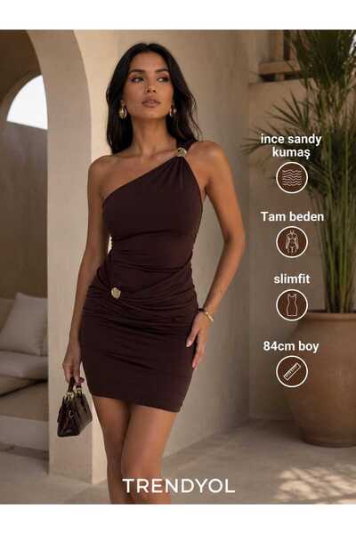 Mother hand Kadın Kahverengi Tek Omuz Büzgülü asimetrik Slim Fit Mini Elbise ...