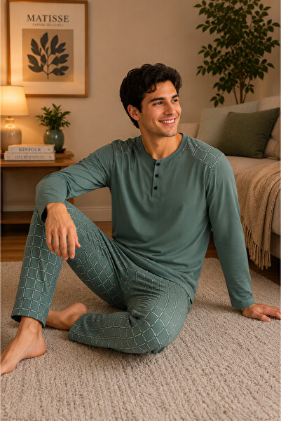 SERPİL Erkek Uzun Kollu Pijama Takımı Kare Desenli Pamuklu Rahat Kalıp Ev Giyim