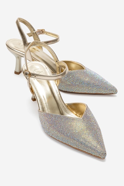 LuviShoes حذاء NIVORA Gold Stone نسائي بكعب رفيع للسهرات