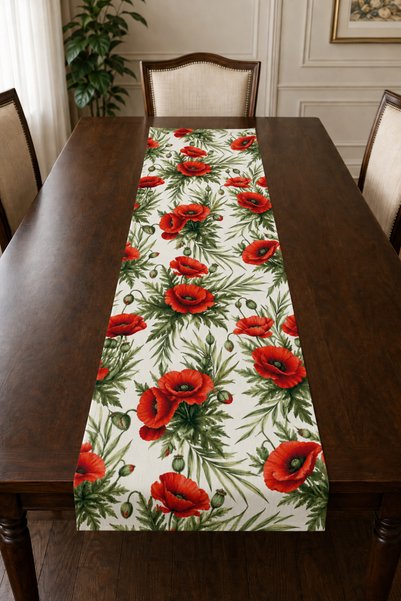 HOMESSA Modern Decorative Runner Tablecloth with Poppy Flowers and Red Stripes