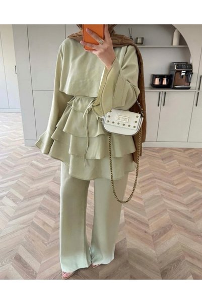 Merona Premium Volan Layered Double Women's Set - Hijab Casual Asymmetrical Tunic and Pants Combination