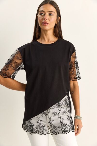 Hiccup LUCCI Tricou cu guler rotund și broderie, cu croi lejer