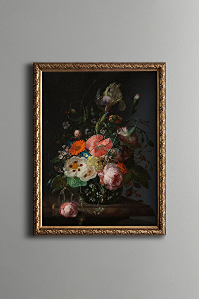 epiqart Roses and Poppies in Glass Vase - Vintage Patterned Frame - Slim Model