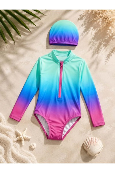 Lolliboomkids Costum de baie pentru fete Sunset Surf cu mânecă lungă și fermo...