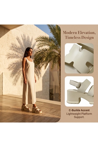 Dhiaa Walk Beige Ankle Strap Platform Sandals - Trendy Cutout Design Block He...