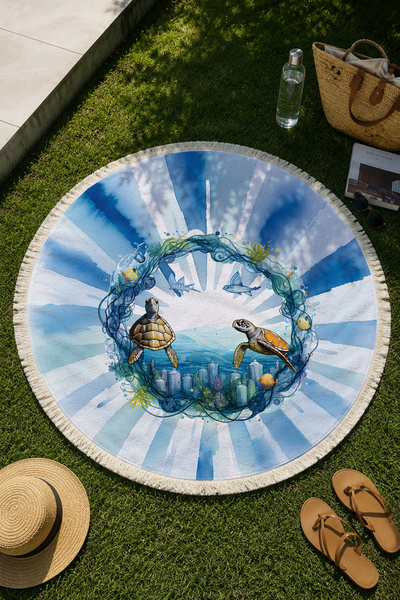 milroma Sea Wreath Patterned Blue and White Round Beach Towel 150 cm