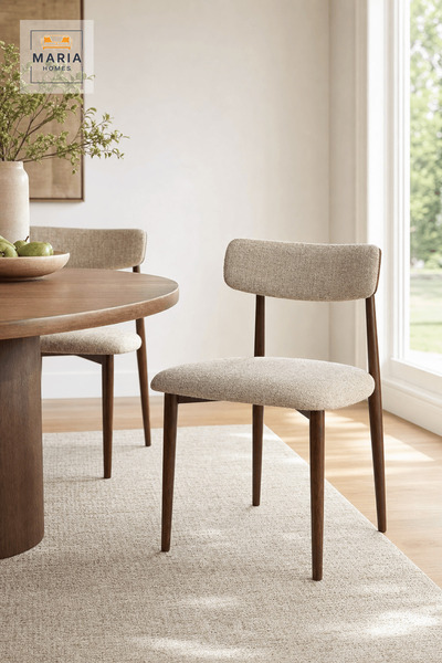 MARIA HOMES Beige Upholstered Dining Chair with Wooden Frame and Curved Backrest