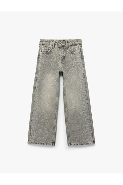Koton Pantaloni din denim cu picior larg, din bumbac brodat cu pietre