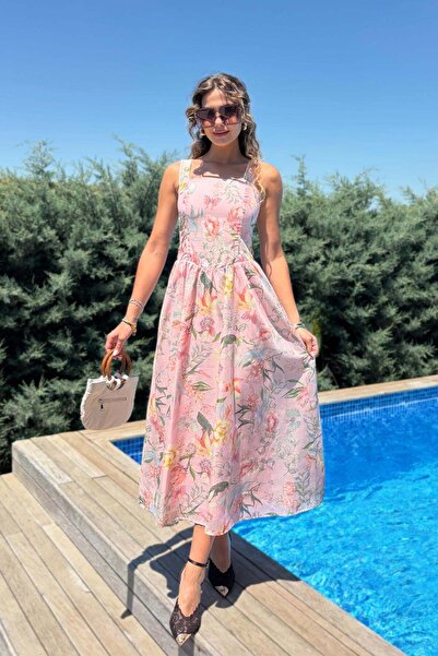 Mine Tan Butik Kalın Askılı Kare Yaka Çiçek Desenli Elbise - Pembe