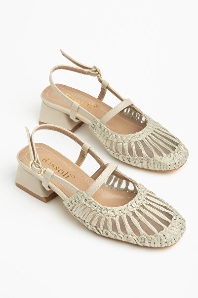 RİSSOLİ Women's Beige Mesh Knitted Short Block Heel Sandals