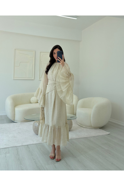 LUUNA STORE TAŞ ŞAL DETAYLI FIRFIRLI ELBİSE