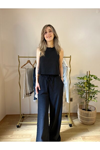 Keten İkili Takım - Crop Bluz & Geniş Paça Pantolon