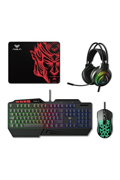 Aula T650 4 in 1 Gaming Set RGB Kablolu Membran Klavye 3600 DPI Mouse Mikrofo...