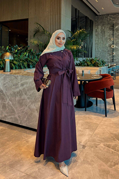 İmajButik Mürdüm Yaka Detaylı Poplin Elbise