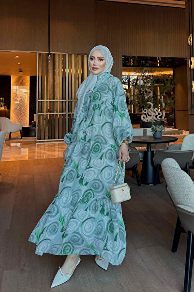 İmajButik Зелена вискозна рокля с еластична материя, десенирана, с полу-закоп...