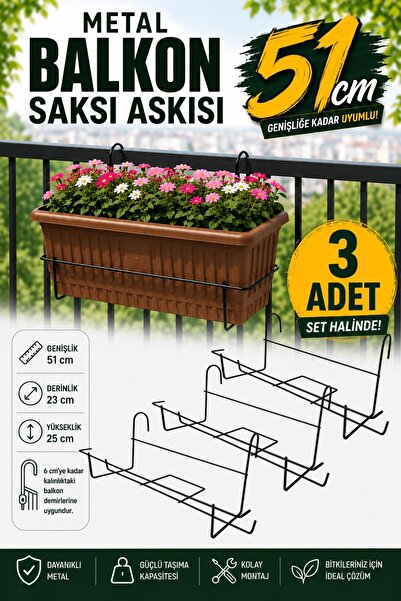 Binbirreyon 3 Adet Balkon Saksı Askısı Metal Ayaklı Askılı Saksı 51cm AH080
