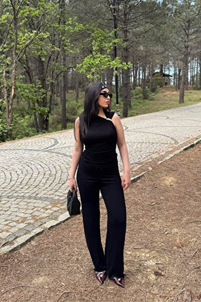 Siner Fashion Set de pantaloni și bluză cu guler asimetric cu cataramă neagră...