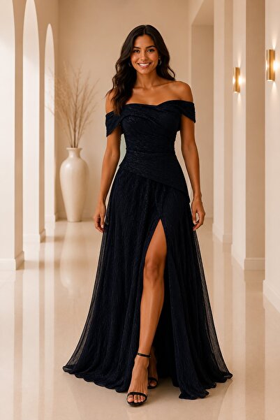 Rain and River Off-the-shoulder sparkly slit evening dress