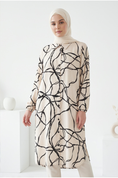 tuvadi Women's Ecru Marble Patterned Viscose Tunic Shirt - Hijab Mother's Shi...