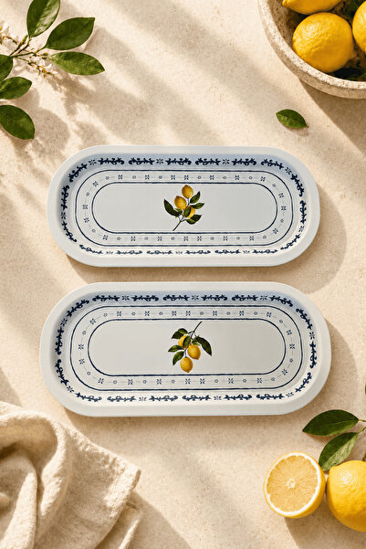 Sarkap Home 16x35 cm 2'li Lemon Design Beyaz Sunumluk Tepsi