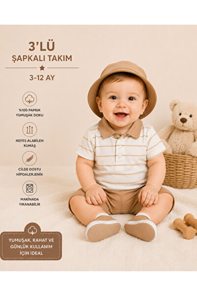 By Murat Bebe Ley Bebe Çizgili Şortlu Şapkalı Takım
