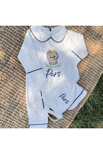 lambkin Baby Kişiye Özel İsim Nakışlı Lacivert Biyeli Penye Bebe Yaka Tulum Ş...