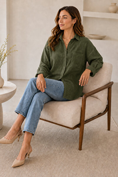exxitcollection قميص نسائي من القطن الكاكي - قميص نسائي فضفاض بأكمام طويلة وج...