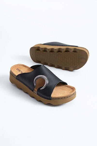 Moda Pie Onas Women's Genuine Leather Slippers with Side Moon Buckle, Black Skin