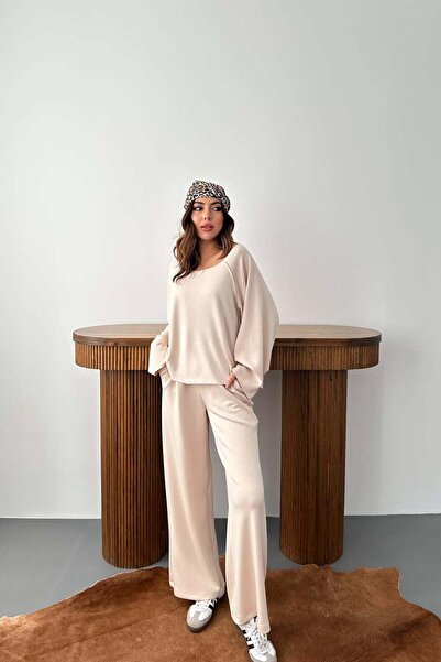 Caddebostan Moda طقم نسائي من قماش المودال مكون من قطعتين، بلوزة بأكمام طويلة...